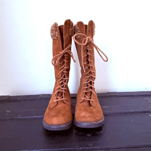 American Eagle Women's Faux Leather Orange Knit Top Lace Up Boots Size 13 1/2 - Picture 2 of 7